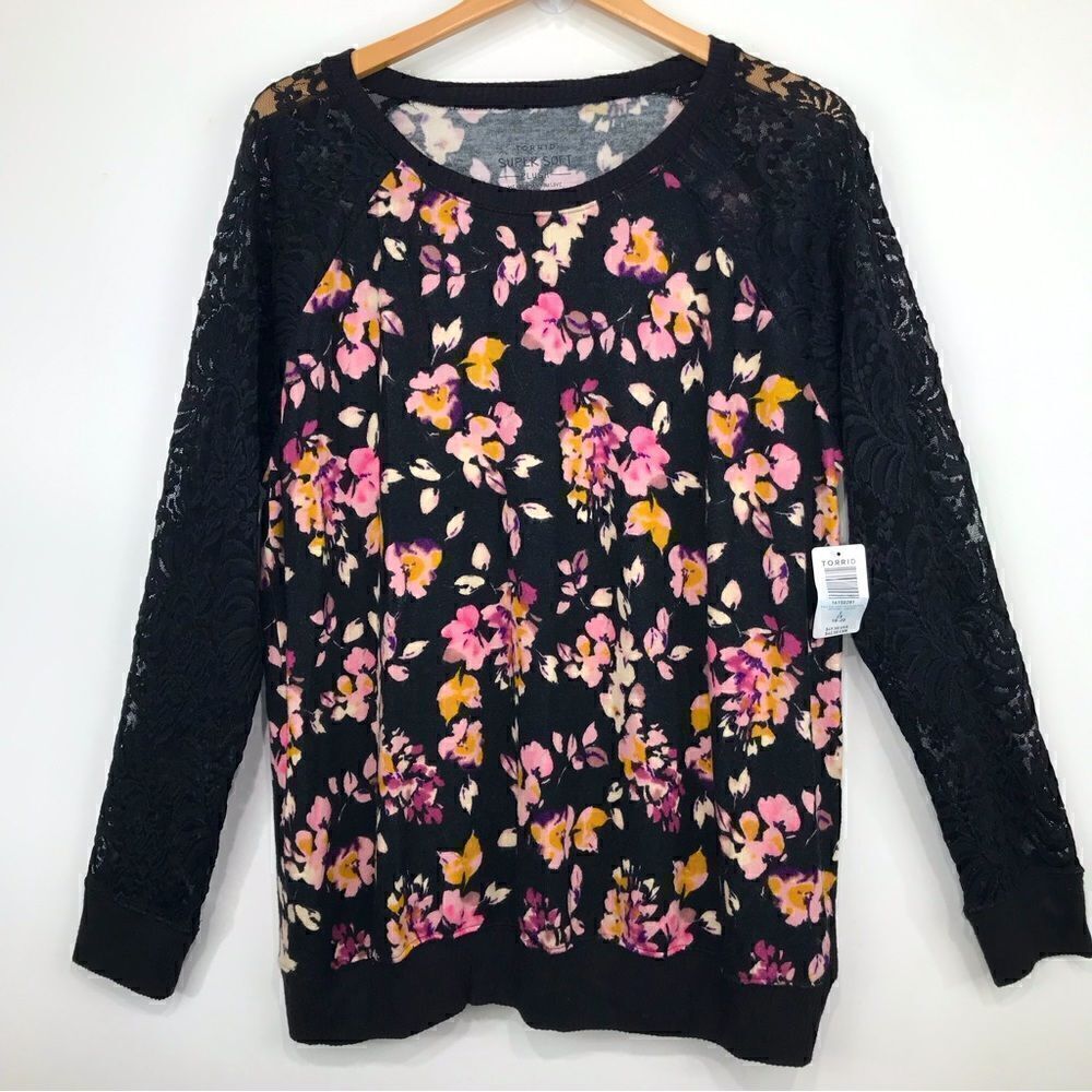 Torrid Black Pink Floral Lace Sleeve Soft Pullover Knit Top NEW